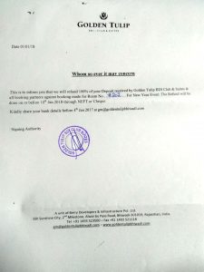 Refund Commitment Letter by Golden Tulip Bhiwadi